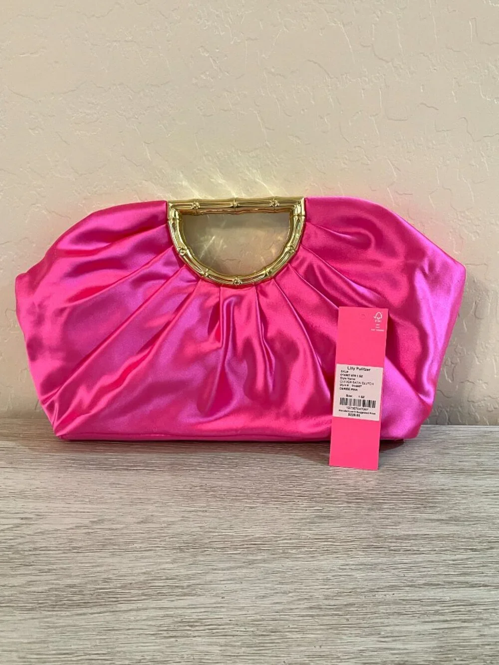 New Lilly Pulitzer Culver Clutch Bag Cerise Pink Satin Gold Metal Bamboo Handle